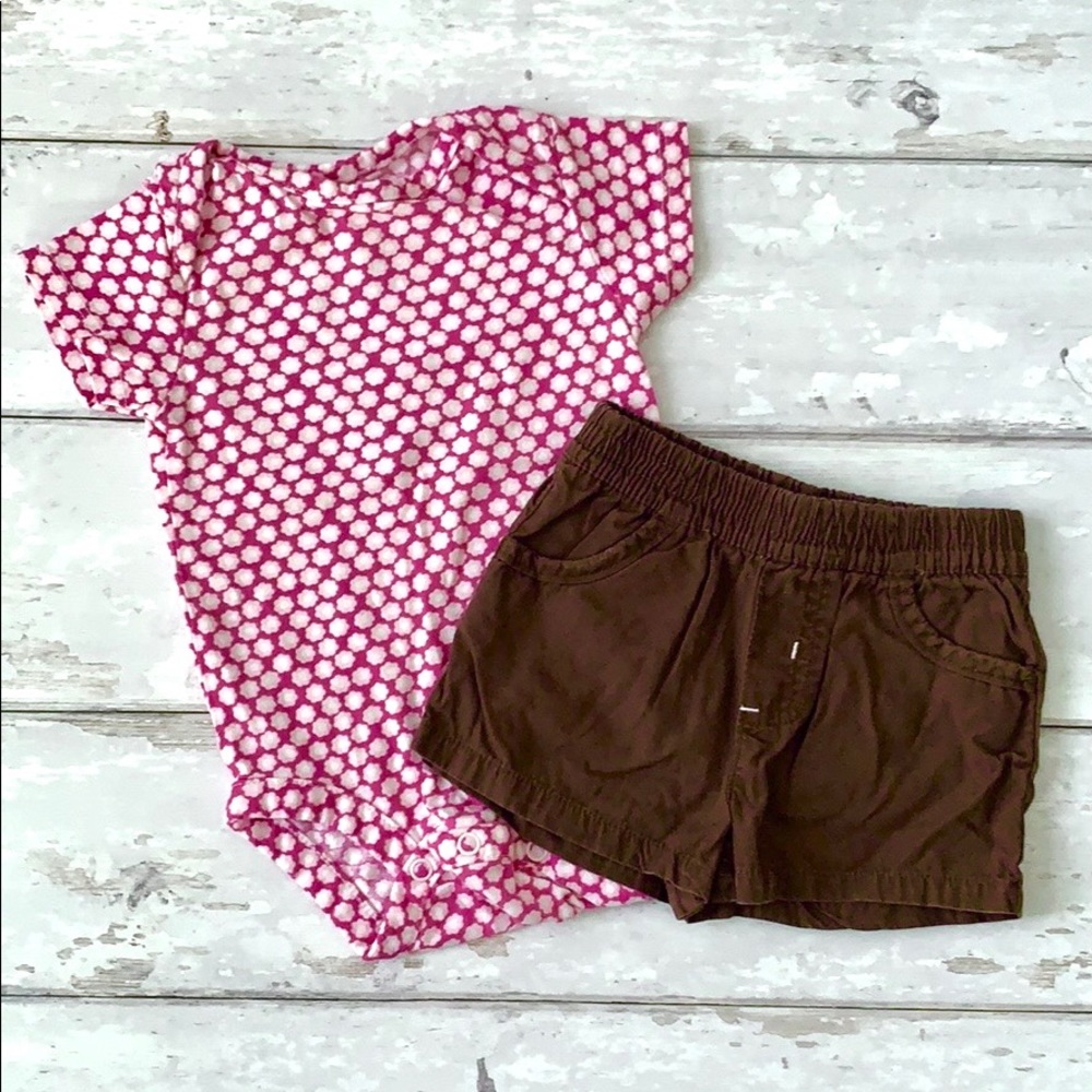 Baby Girl 3-6m Summer Outfit Pink Floral Onesie Brown Shorts Set 3m 6m